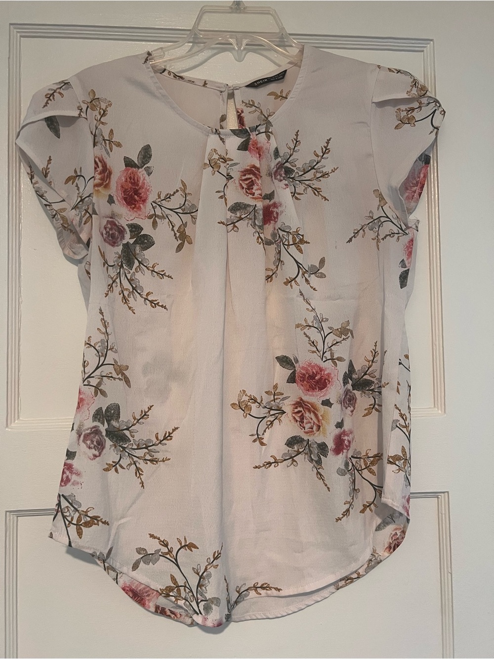 Floral Short Sleeve Blouse - White with Pink Rose Print